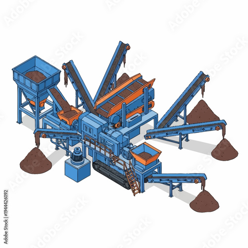 Isometric illustration of a large industrial stone crushing and screening plant.