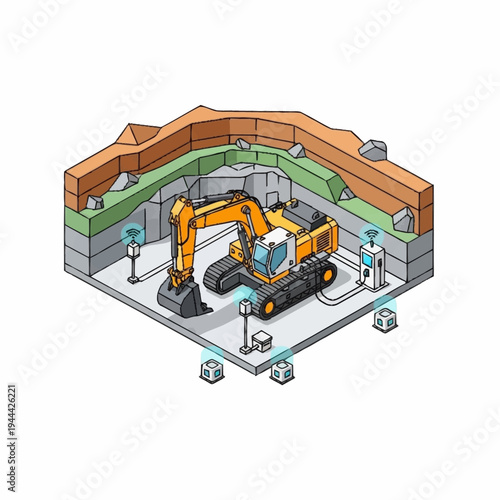 Isometric illustration of an excavator in a construction site with smart technology.