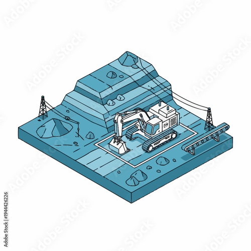Isometric illustration of an excavator working at a mining site.
