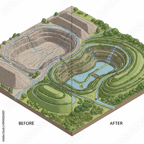 Isometric Illustration of Quarry Before and After Environmental Restoration.