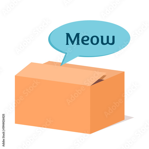Educational vector illustration of Schrodinger's cat box with a meow speech bubble