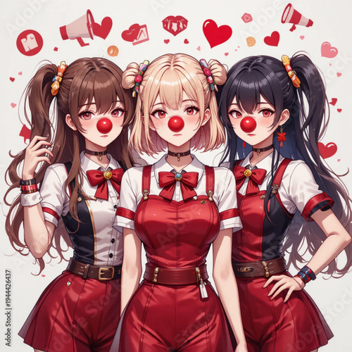 Three anime girls with red noses and hearts wearing matching red dresses white shirts and bows standing together in a playful and festive scene