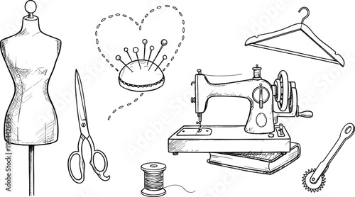 Black and white sketch illustration of sewing and tailoring tools including mannequin, scissors, pincushion, spool, sewing machine, hanger, tracing wheel for fashion design.