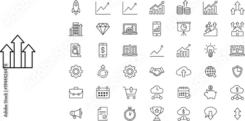 Business and finance icon set with growth, investment, technology, productivity, communication, analytics, partnership, security, savings, and global 