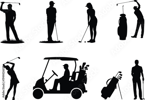 Collection of black golf silhouettes showing players swinging, putting, standing with clubs, golf cart and equipment icons representing sport lifestyle and recreational activity