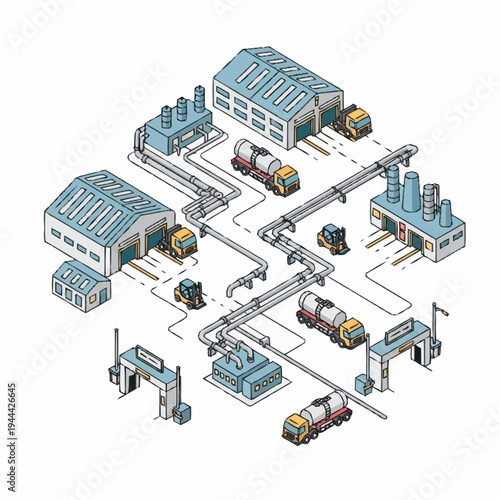 Isometric Industrial Complex with Factories, Pipelines, and Transport Vehicles.