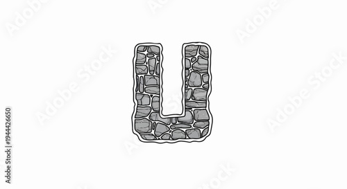 Letter U rendered as a stone wall with rough textures and dark outlines