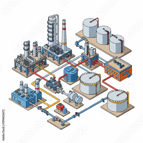 Isometric industrial complex with factories, tanks, and pipelines illustrating energy production.