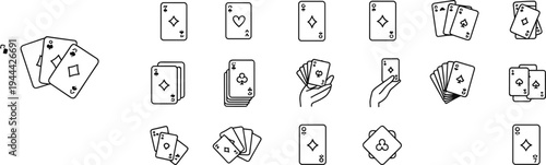 Collection of playing card icons featuring spades, hearts, clubs, and diamonds in various layouts including pairs, stacks, hands, and fan arrangements for design projects