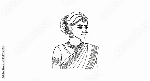 Line art drawing of a woman in traditional Indian attire with jewelry