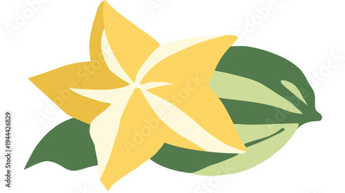 Illustration of a yellow star-shaped fruit with green leaves on a white background