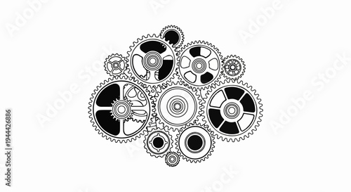 Intricate arrangement of interlocking black and white gears