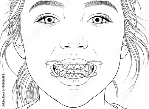 Line art face of a child with dental braces and a palate expander