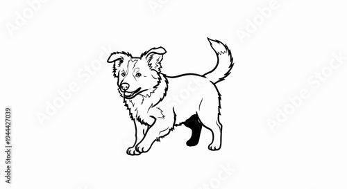 Line art illustration of a happy dog with wagging tail, mid-stride