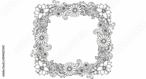 Intricate floral border with swirling vines and varied blossoms, hand-drawn sketch