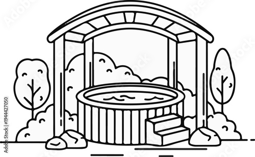Line art illustration of a hot tub under a gazebo with steps and trees