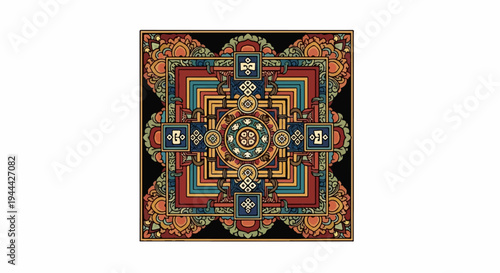 Intricate geometric mandala with rich colors and symbolic patterns