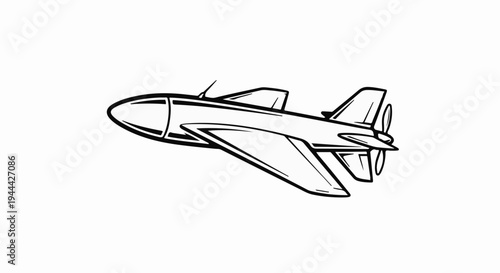 Line art illustration of a propeller plane in flight, viewed from the side