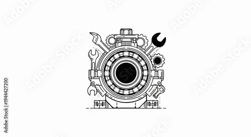 Intricate mechanical illustration of a bearing, wrenches, and gears