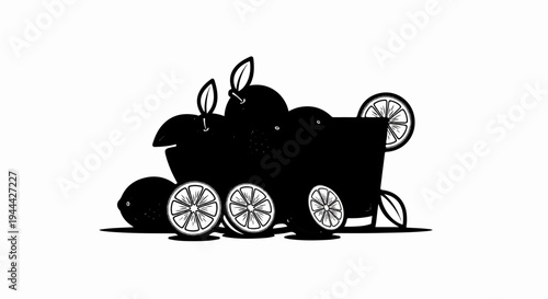 Line art illustration of fresh citrus fruits and slices in a basket