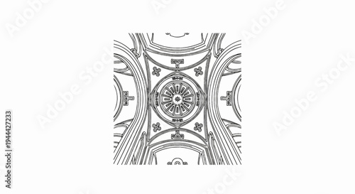 Intricate patterned ceiling with arched elements and a central circular design