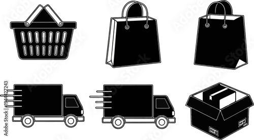 Icons represent a shopping basket, shopping bags, delivery trucks, and a package