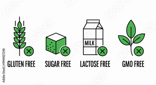 Icons representing gluten, sugar, lactose, and GMO free food