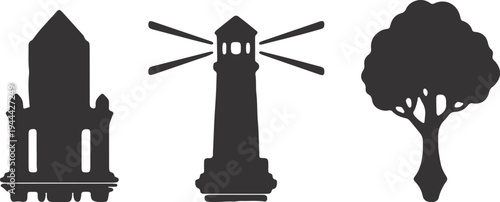 Silhouettes of a castle, lighthouse, and tree against a plain background