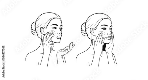 Line art illustration of two women applying face cream, showing technique