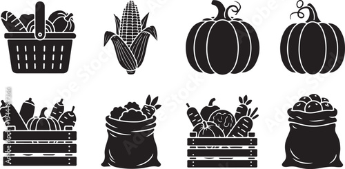 Harvest icons with vegetables and pumpkins in black and white