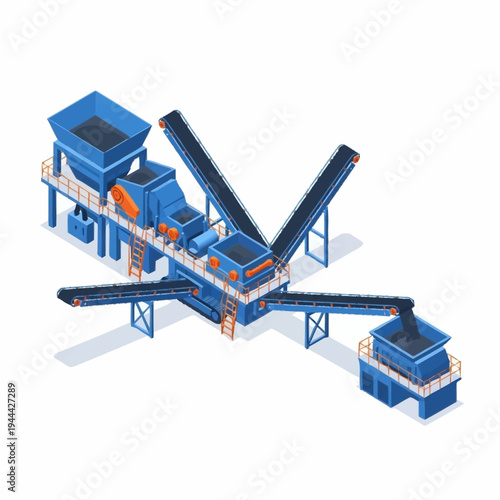 Isometric industrial mining and crushing plant for ore processing.