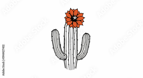 Illustrated Saguaro cactus with a vibrant orange flower blooming on top