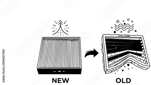 Illustration comparing a new air filter to a clogged, old one