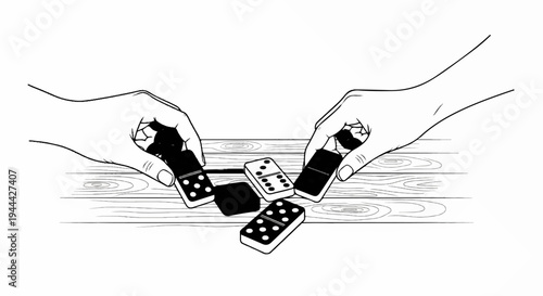 Hands holding dominoes over a wooden surface