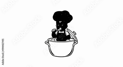 Illustration of a baby in a chef hat and apron eating from a pot