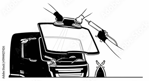 Hands installing a truck windshield with suction cups and sealant gun