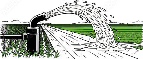 Irrigation system waters green fields of crops and flowing water
