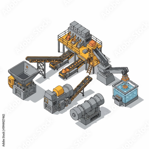 Isometric industrial mining and processing plant machinery.