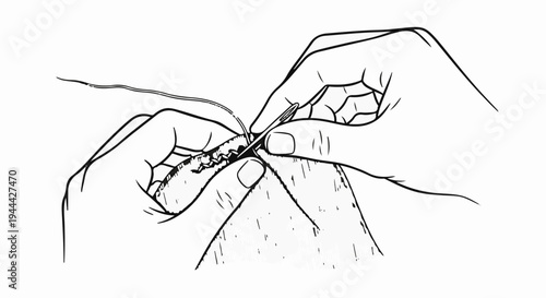 Hands meticulously sewing fabric with a needle and thread