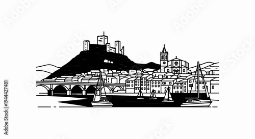 Line art of a coastal town with a castle, bridge, and sailboats