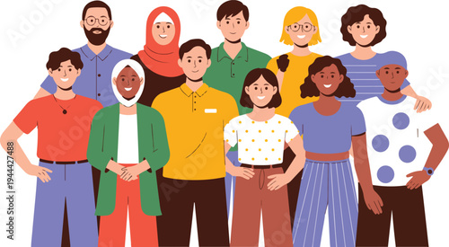Diverse group of nine people standing together in flat minimalist illustration representing multicultural community, unity, and inclusive society