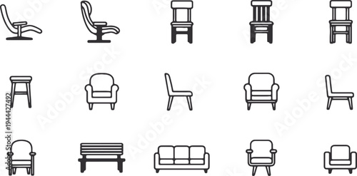 A diverse collection of classic furniture icons featuring various chairs and seating arrangements
