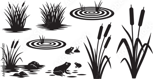 Black Silhouette of Cattails and Frog in Pond Water Scene