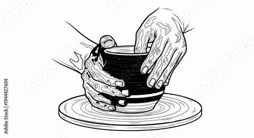 Hands shaping a clay pot on a spinning wheel, detailed illustration