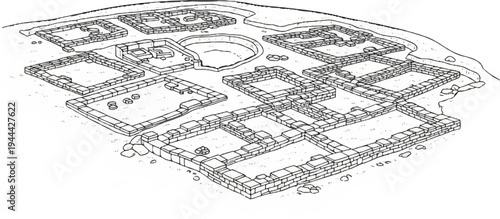 Isometric sketch of ancient stone ruins with central circular structure
