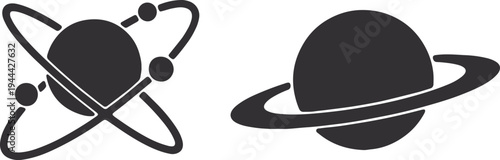 Illustrations of an atom and a planet with rings in simple black and white designs