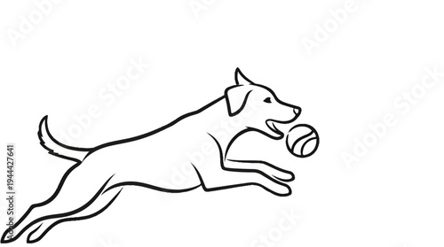 Line art of a dog leaping enthusiastically towards a ball