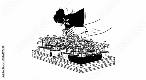 Hands tending to young plants growing in pots arranged in wooden trays