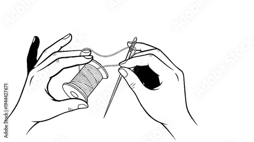 Hands threading a needle with a spool of thread