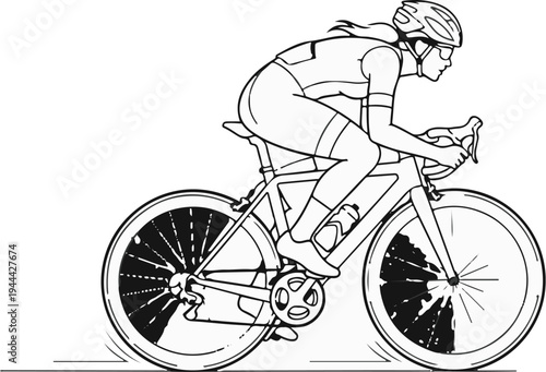 Line art of a female cyclist in aerodynamic position, focused on speed